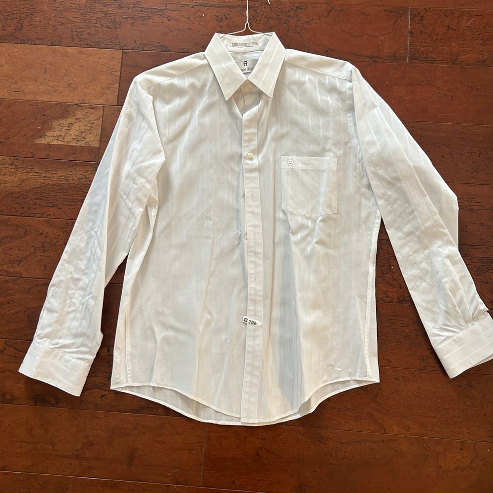 Etienne Aigner Men's 16/34-35 Dress Shirt Ivory Stripe Long Sleeve Logo Button